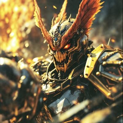 The primary subject of the image is a robot with a menacing appearance, featuring a large head with a spiked design and a mouth with sharp teeth. The robot is standing in front of a backdrop of fire, giving it a fierce and intimidating look. The visual style of the image is digital art, with the robot being the main focus of the scene. The colors and mood of the image are dark and intense, with the fire providing a dramatic and ominous atmosphere.